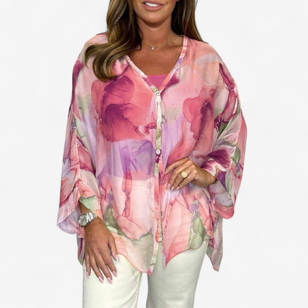 Fleur - Blouse imprimée à col en V et manches longues