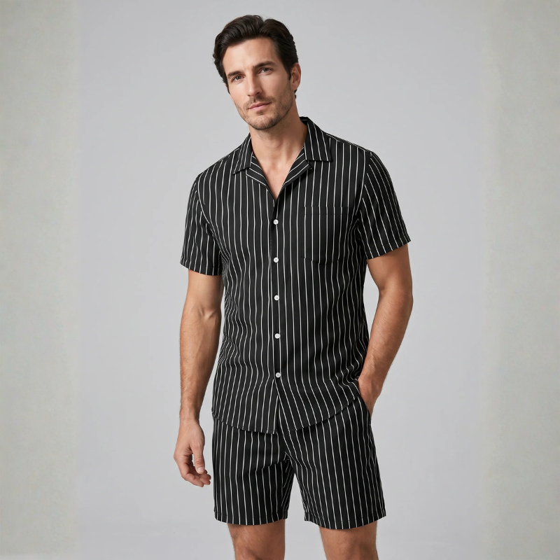 Conjunto de 2 Peças para Homem: Camisa às Riscas e Calções