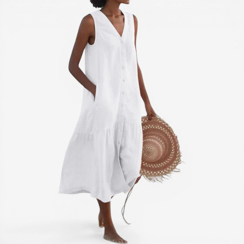 Robe mini sans manches à col en V avec boutons sur le devant et poches pour femme