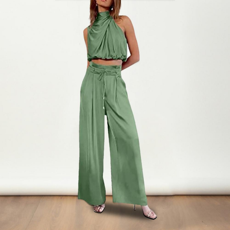 Set damă cu bluză cu guler înalt și pantaloni evazați