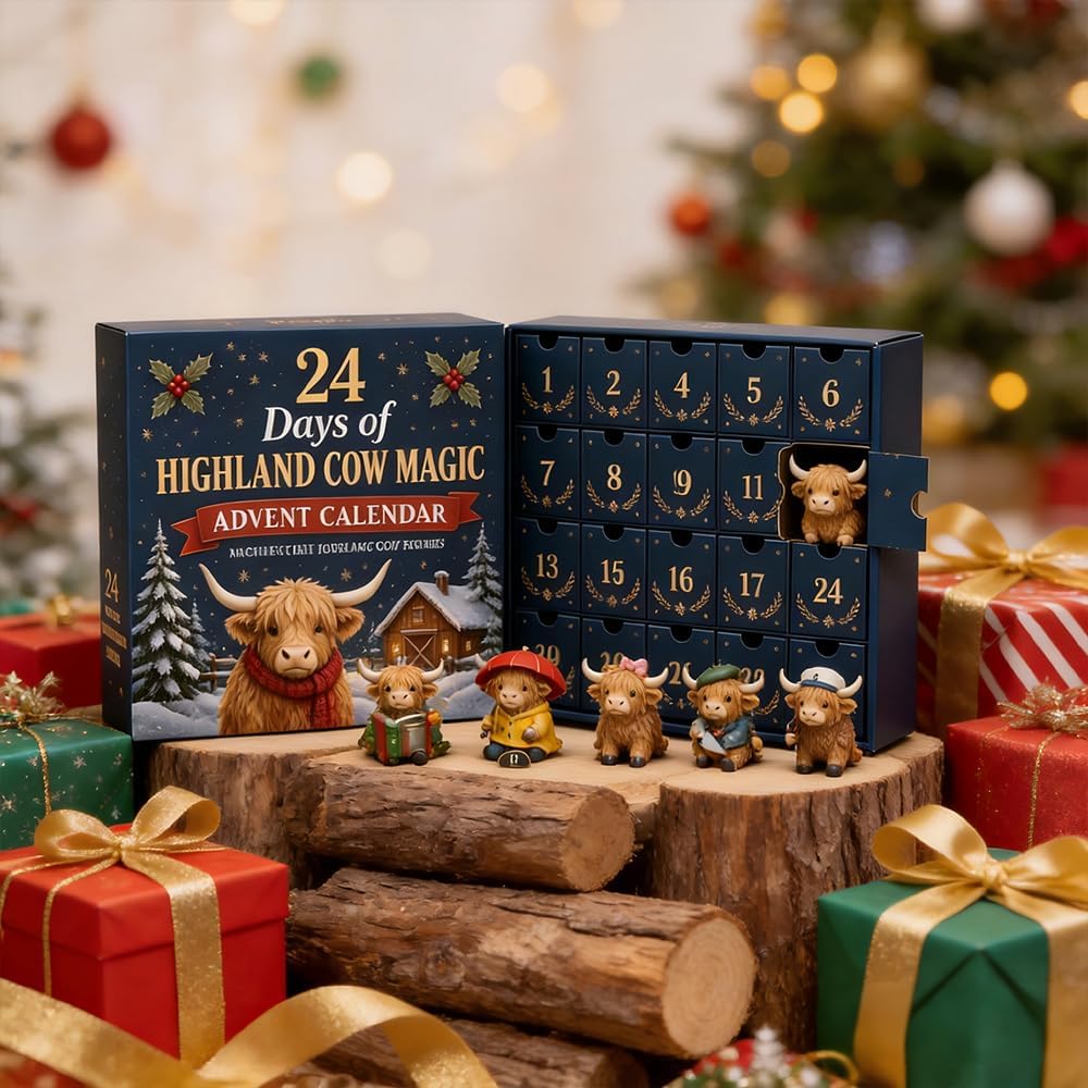 Calendario de Adviento de vaca de las Highlands Cowmerry – con 24 colgantes de acrílico