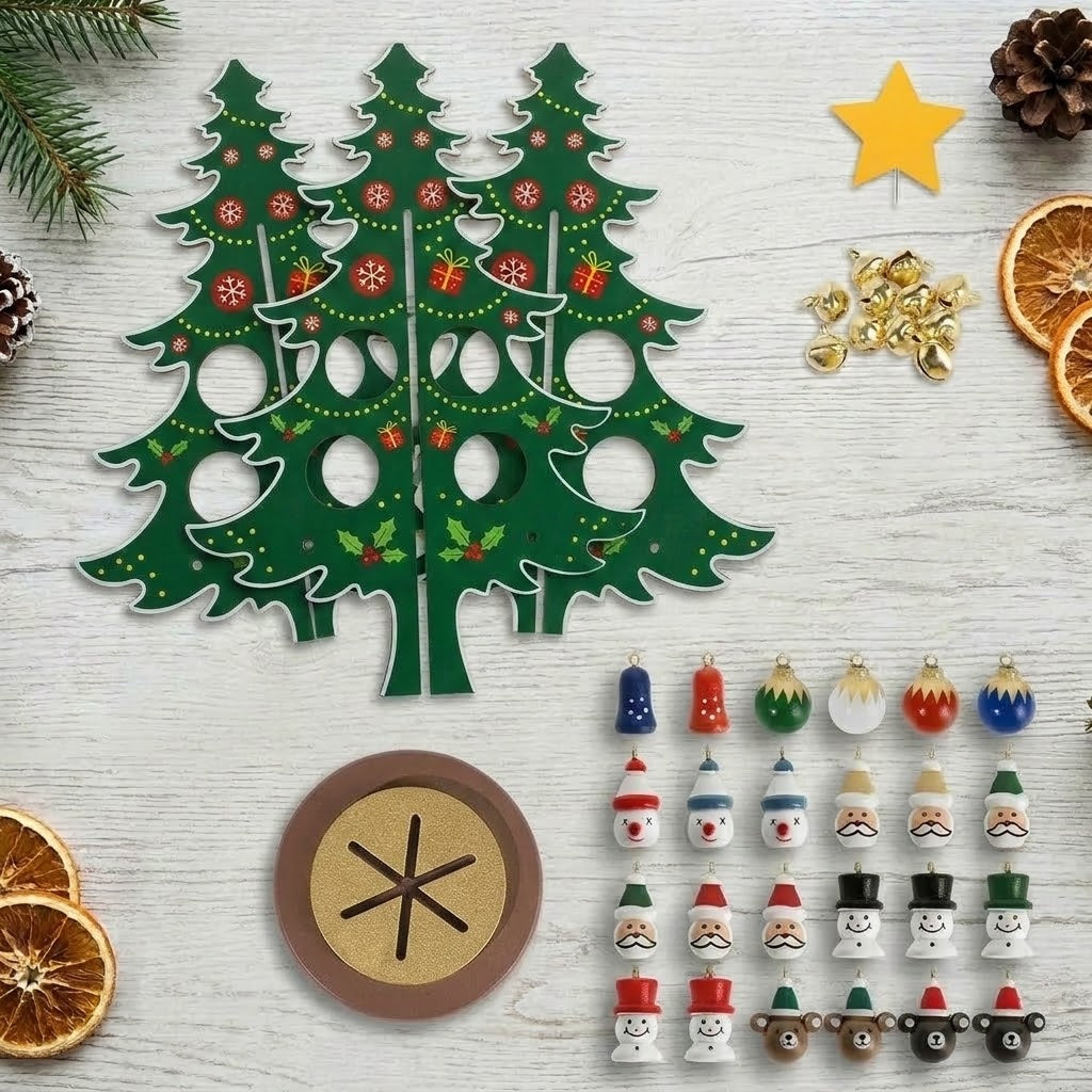 TimberTwinkle – Calendar de Advent în formă de brad de Crăciun din lemn, cu 24 de ornamente