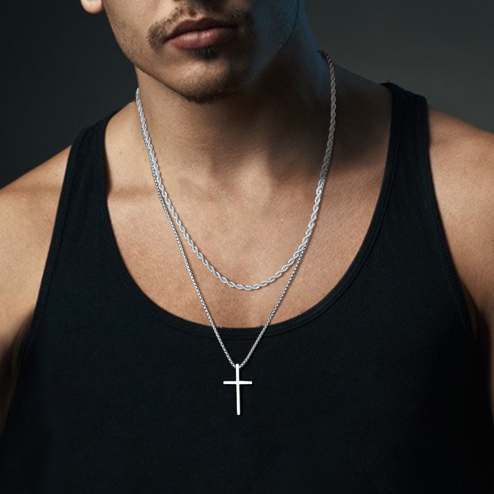 Henry - Collana elegante con ciondolo a croce stratificato e catena a corda