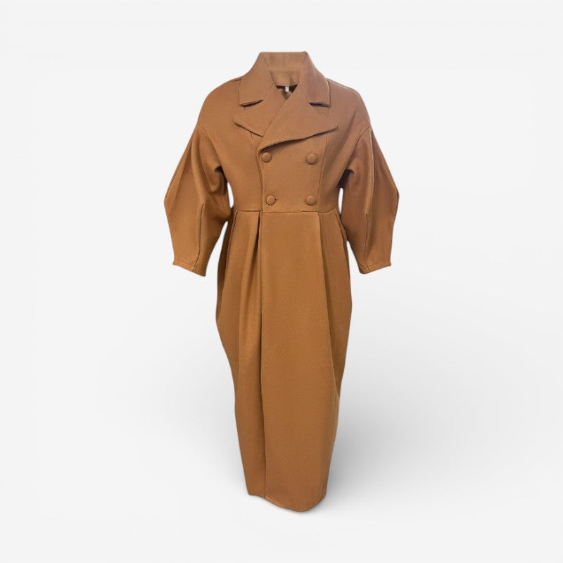 Elena - Long Sleeve Long Coat with Lapel Collar