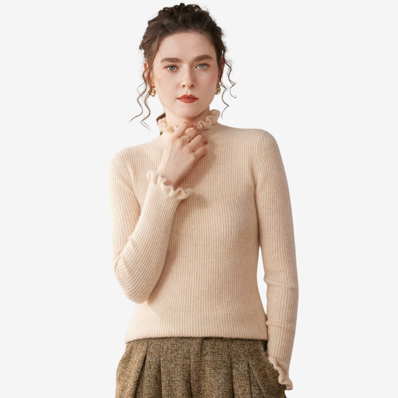 Rosalie - Dopasowany sweter z falbanami na rękawach i wzorem w paski