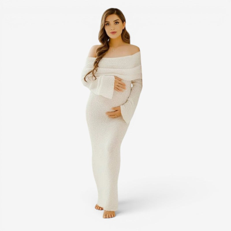 Women’s Maternity Maxi Dress with Off-Shoulder Neckline