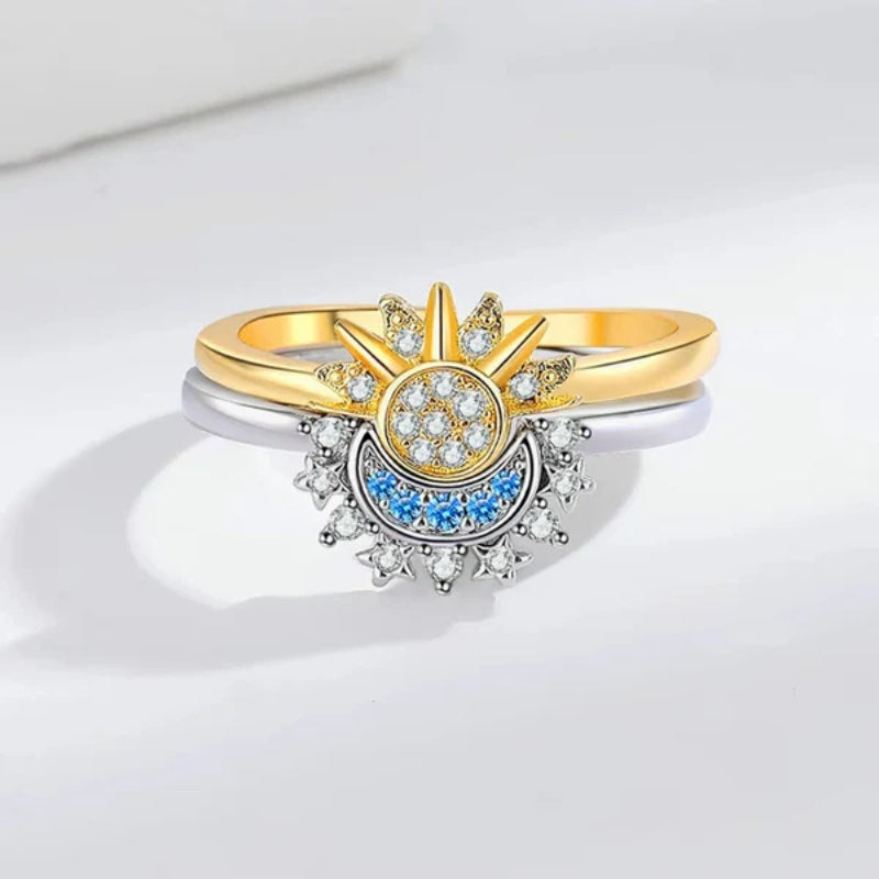 Jasmin – Set di Anelli Regolabili in Metallo per Coppia con Cristalli Sole e Luna