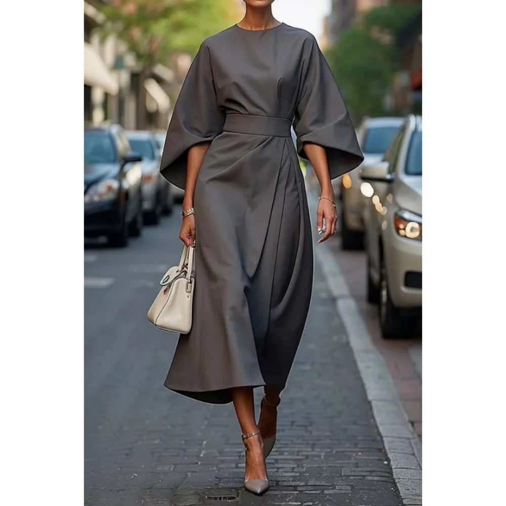 Alira - Elegante abito midi con maniche a lanterna e cintura in vita