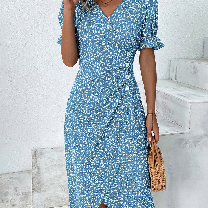 Elena – Vestito Boho Floreale con Scollo a V e Maniche a Sbuffo