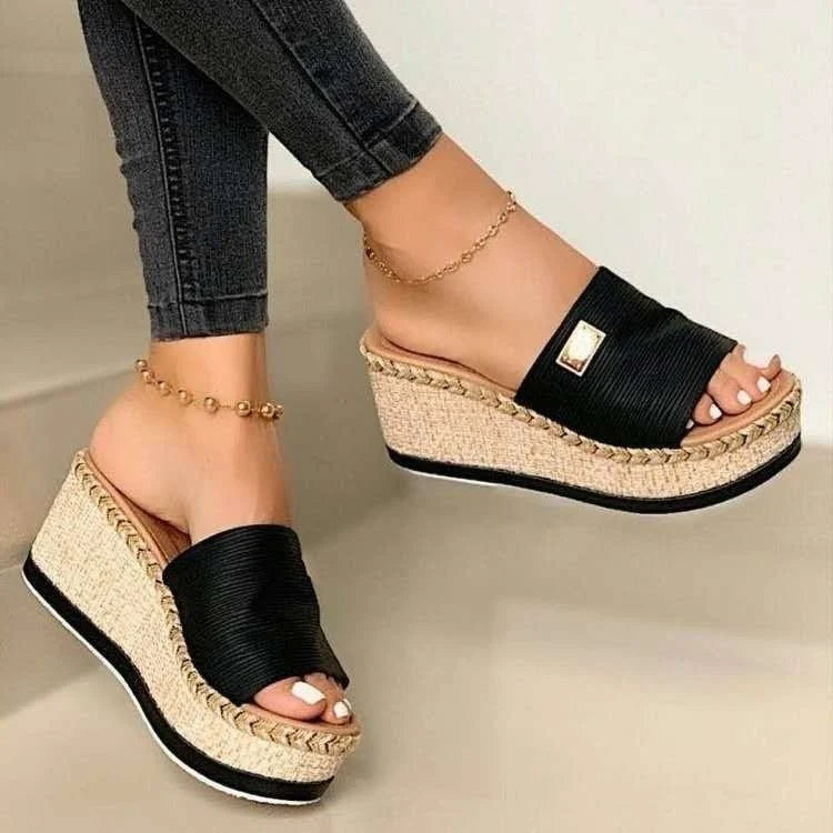 Marivelle - Raffia Wedge Mules with Wide Strap