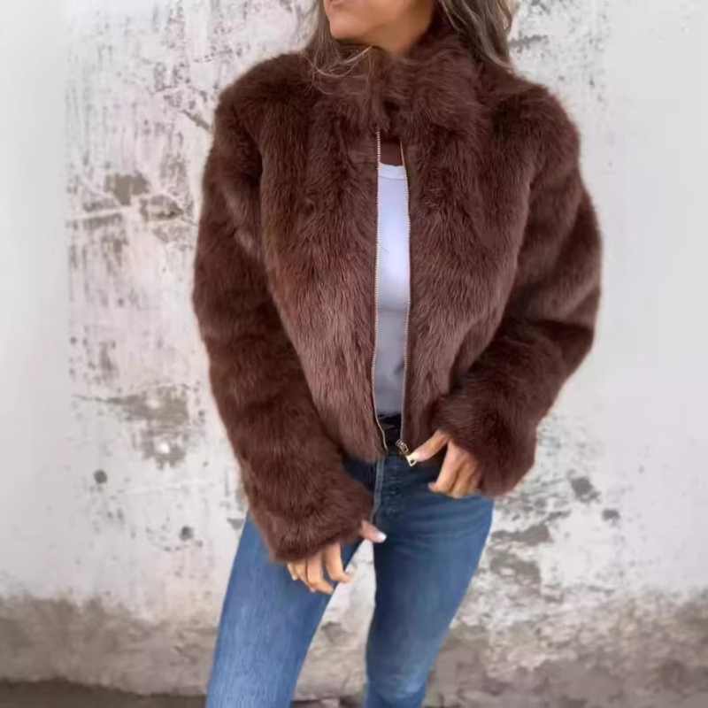 Selixia – Long Sleeve Coat with Zip Closure | Simple Casual Outer Layer | Faux Fur Construction | Sizes S–2XL | Brown, Black, Green, Blue, Red, Purple
