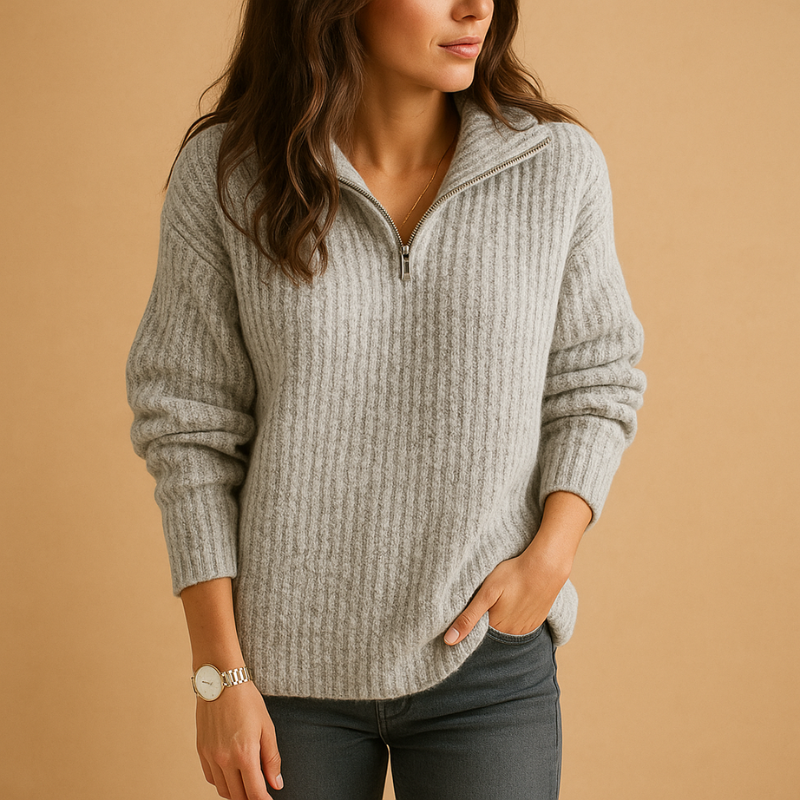 Zyvenna – Pulover cu mâneci lungi și închidere cu fermoar pe jumătate | Design în dungi pentru detaliu vizual | Purtare casual zilnică | Mărimi XS–XL | Kaki, Gri, Gri deschis, Albastru, Negru