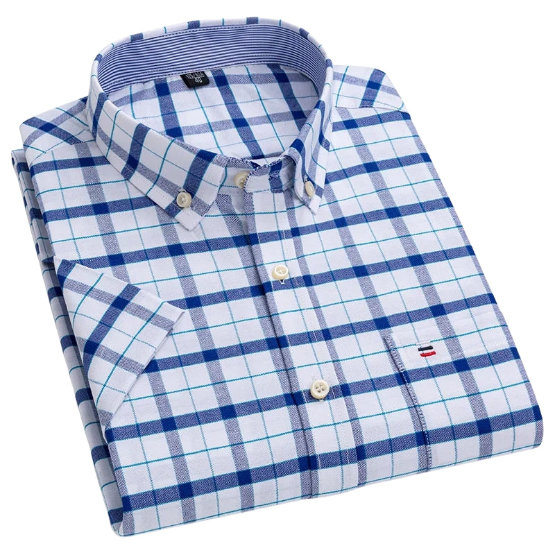 Alexander - Checked and striped button-down shirt with short sleeves