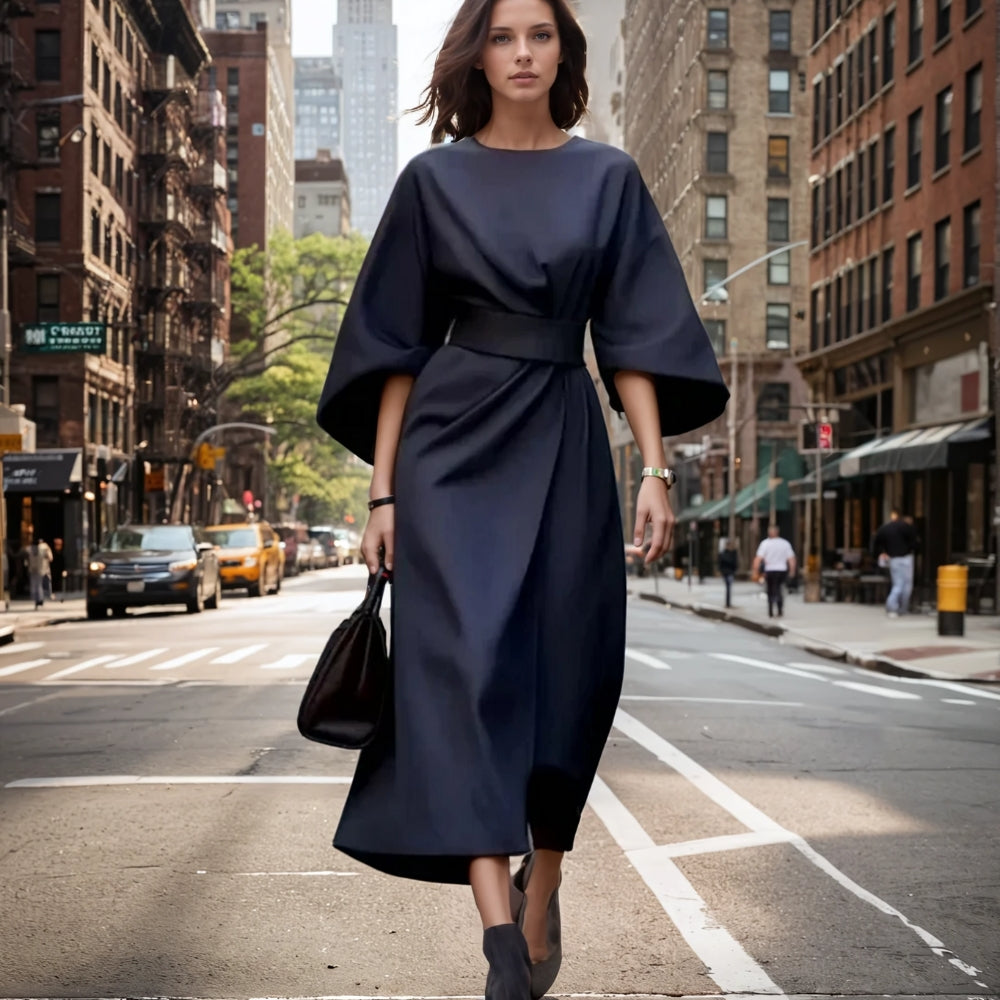 Alira - Elegante abito midi con maniche a lanterna e cintura in vita