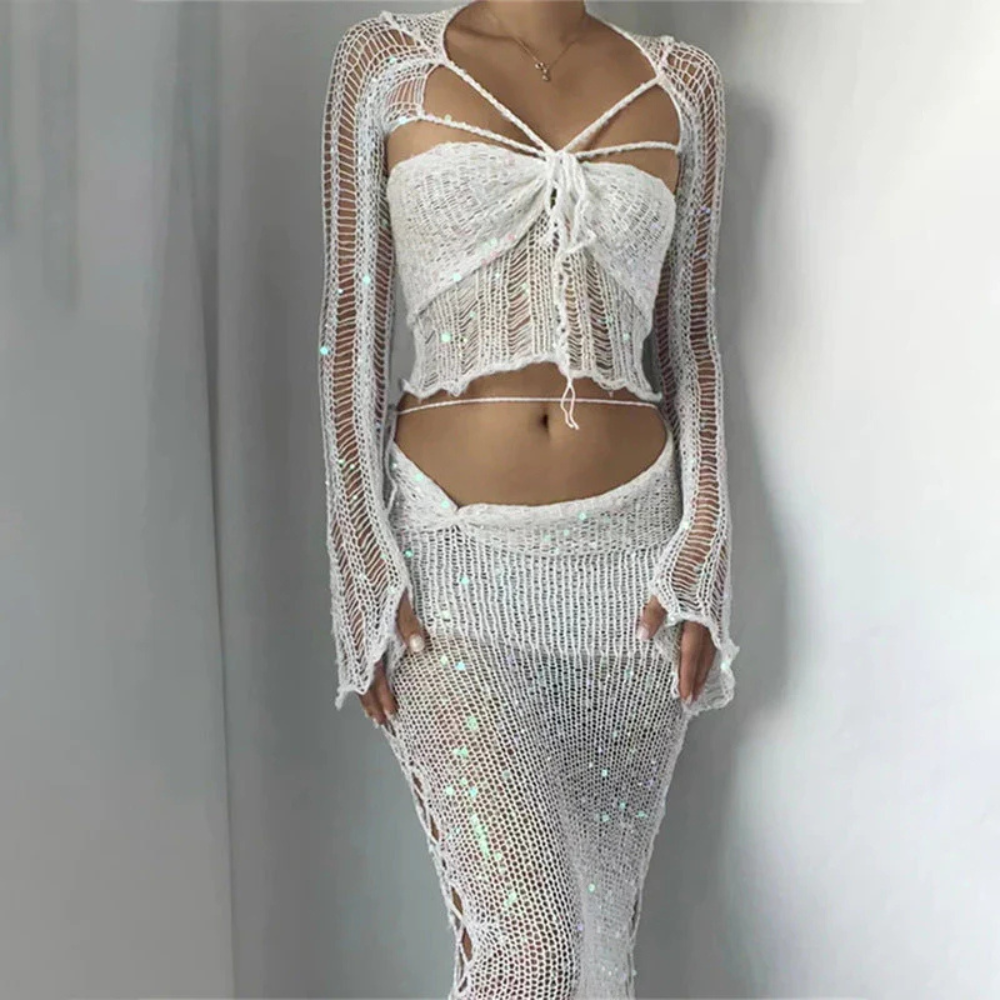 Clarissa – Set elegant de fustă și top scurt cu mâneci lungi