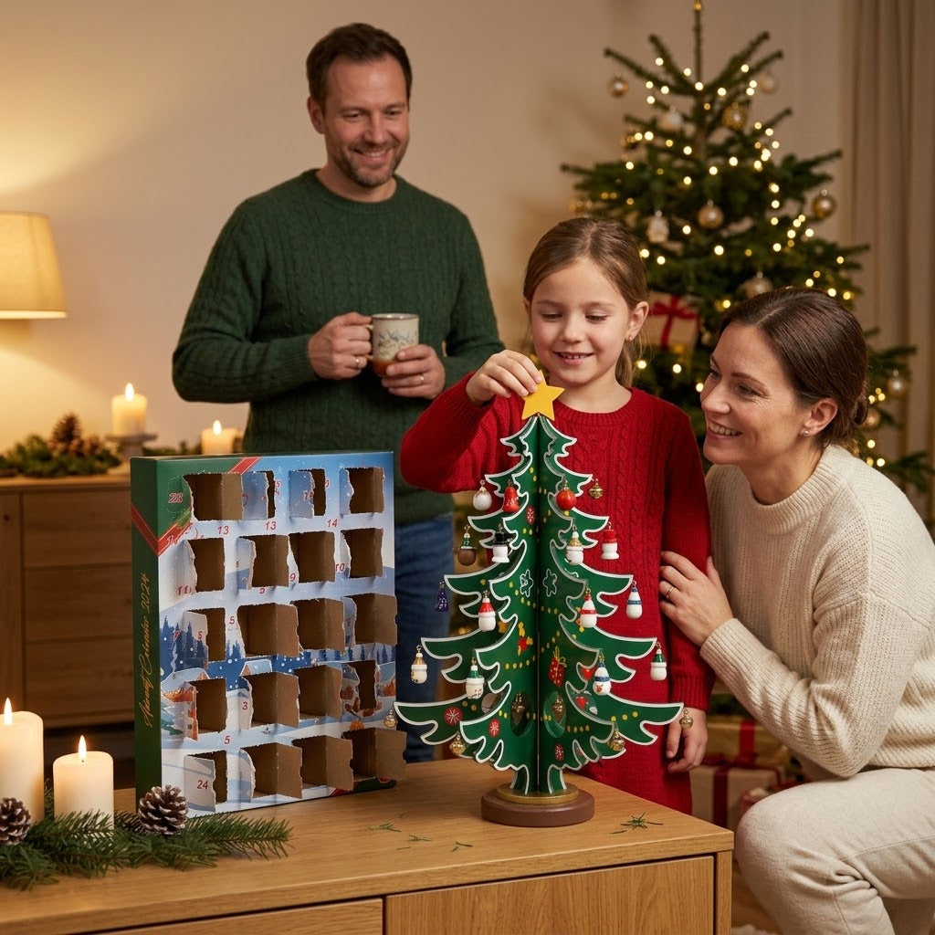 TimberTwinkle – Calendar de Advent în formă de brad de Crăciun din lemn, cu 24 de ornamente