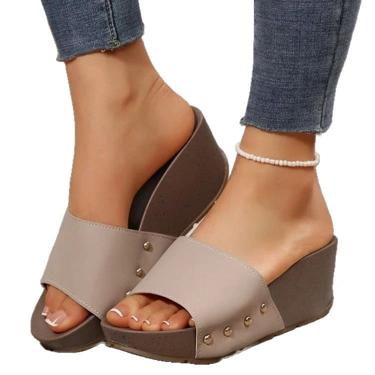 Lunarelle - Wide-Strap Wedge Mules with Studs