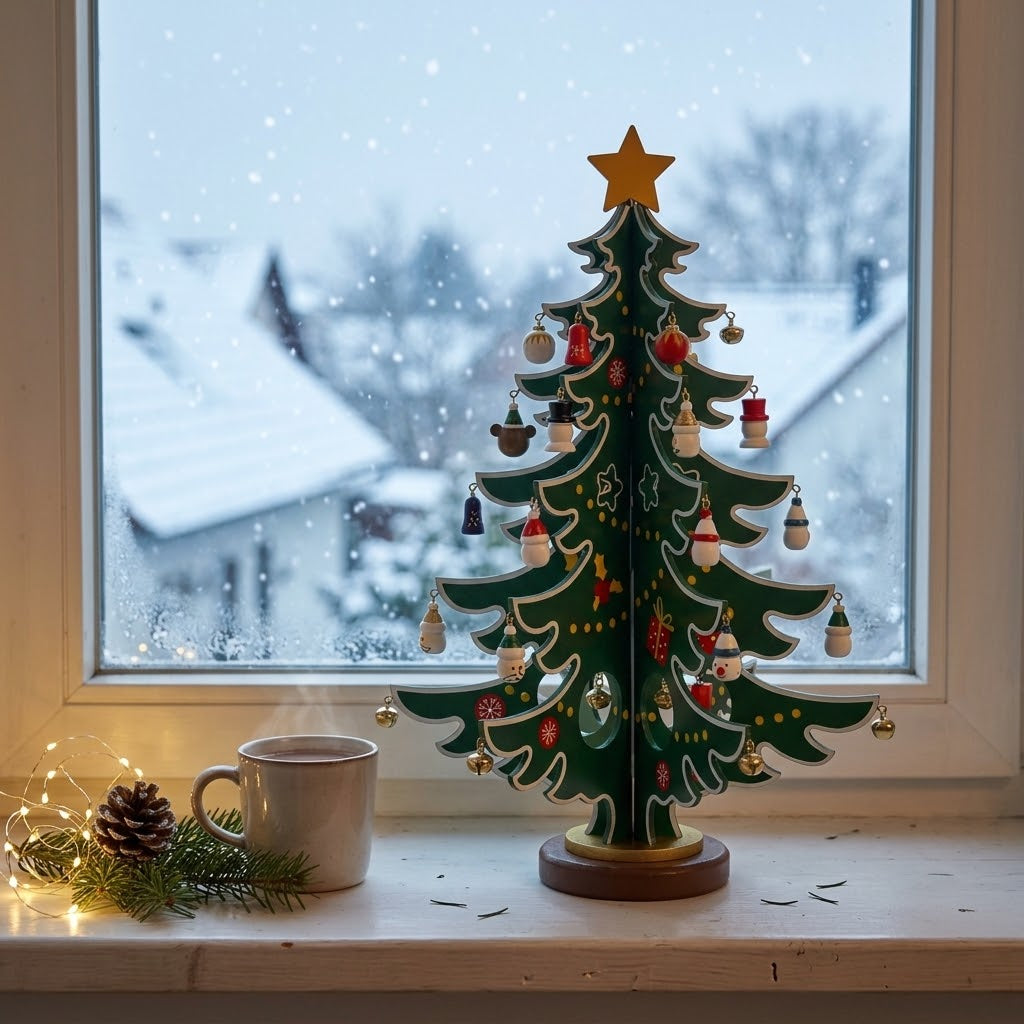 TimberTwinkle – Calendar de Advent în formă de brad de Crăciun din lemn, cu 24 de ornamente