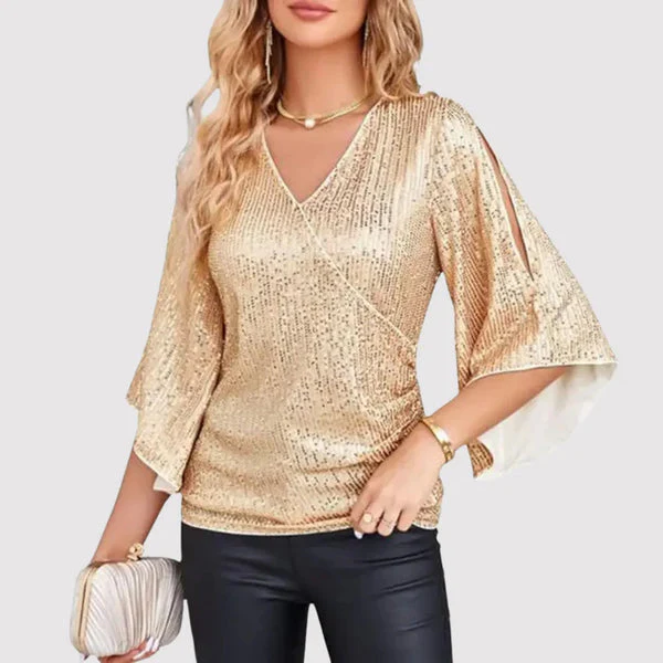 Hannah - Haut croisé élégant avec manches fendues fluides et coupe confortable