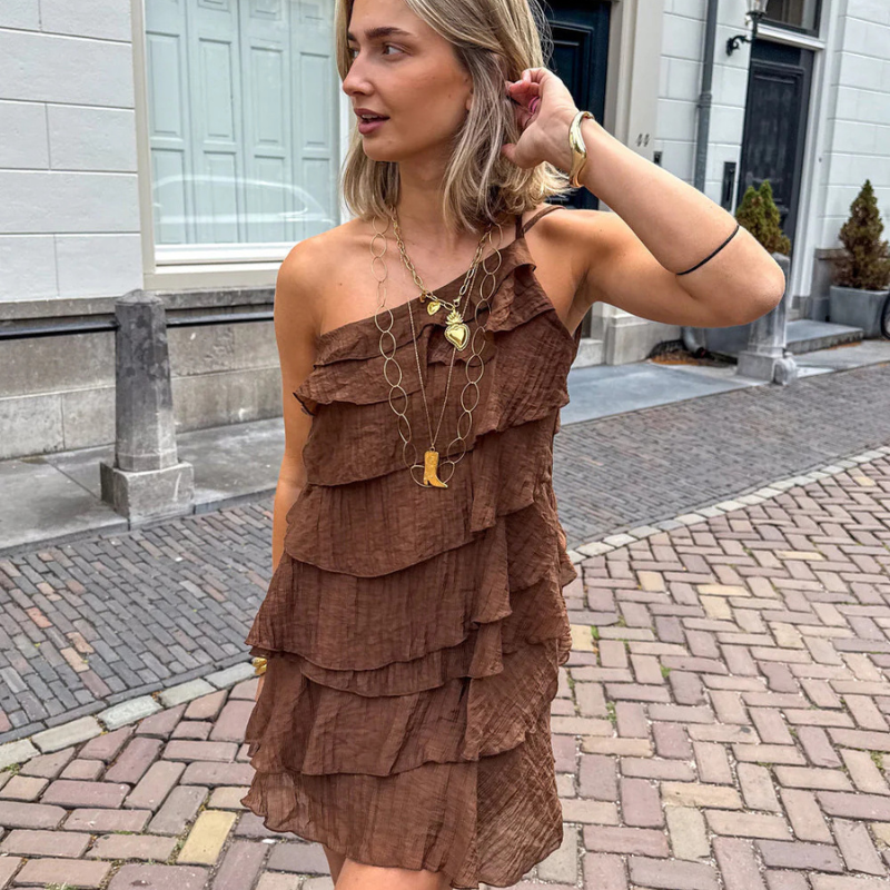 Women's One Shoulder Mini Dress with Ruffle Detail