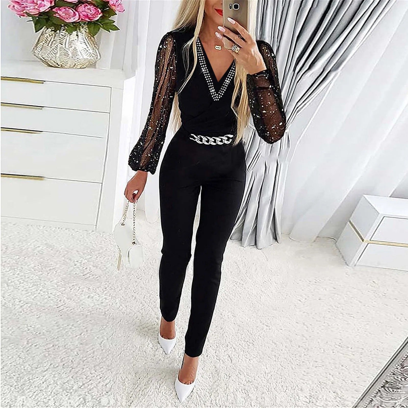 Fiona - Tuta intera elegante con maniche lunghe trasparenti