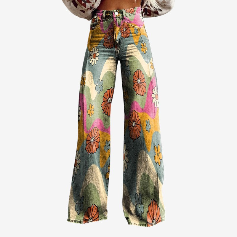 Floral Wide-Leg Denim Pants