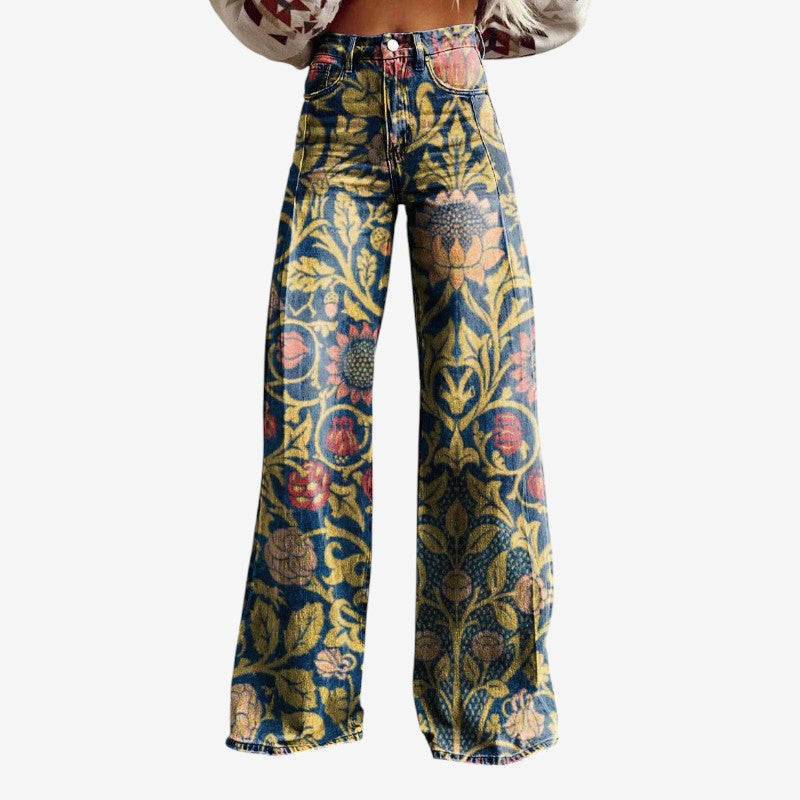 Floral Wide-Leg Denim Pants
