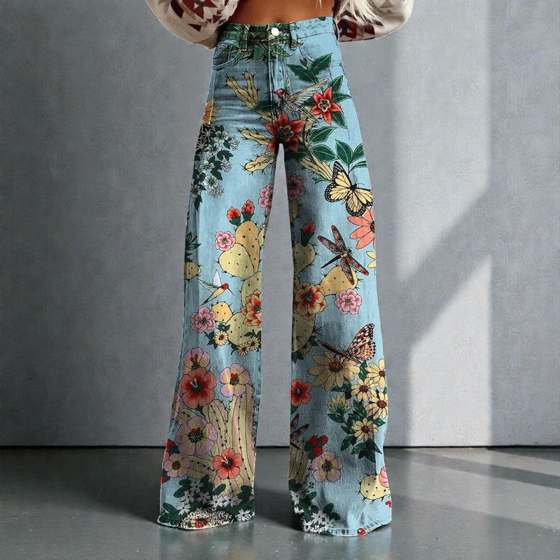 Floral Wide-Leg Denim Pants