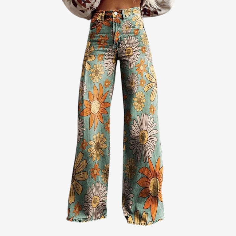 Floral Wide-Leg Denim Pants