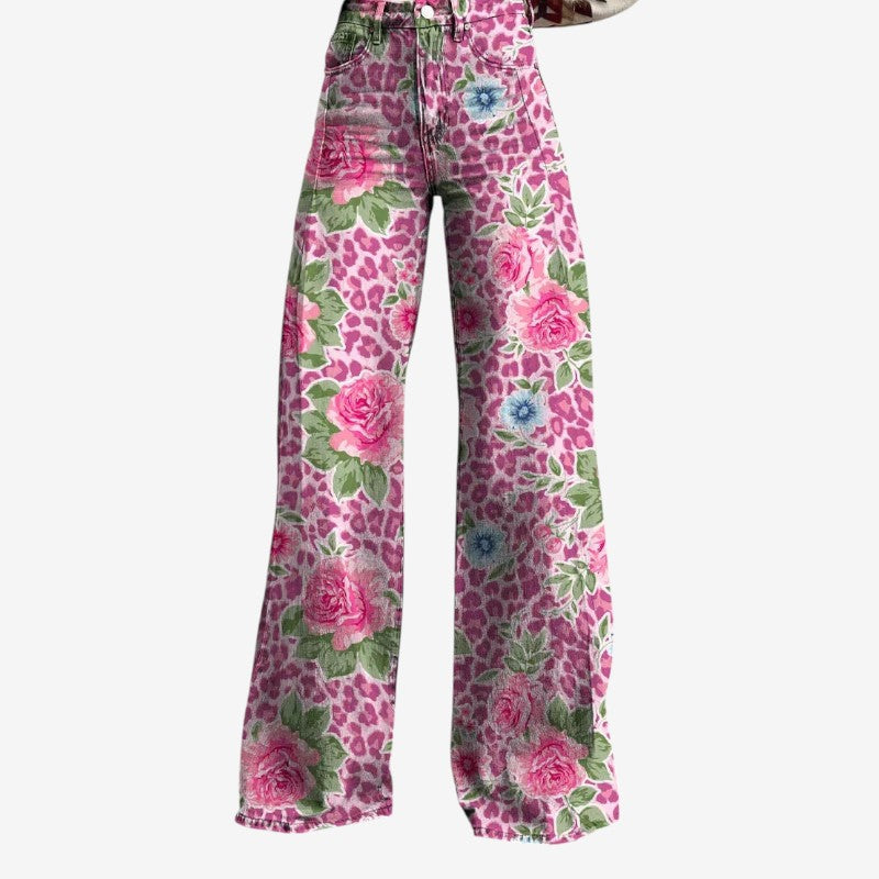 Floral Wide-Leg Denim Pants