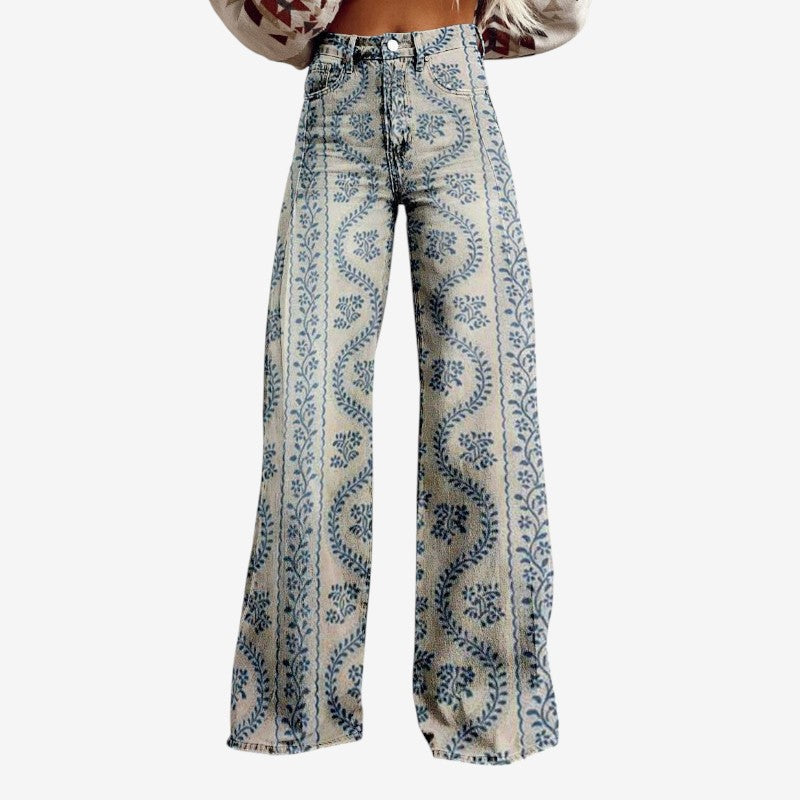 Floral Wide-Leg Denim Pants