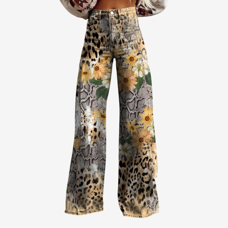 Floral Wide-Leg Denim Pants