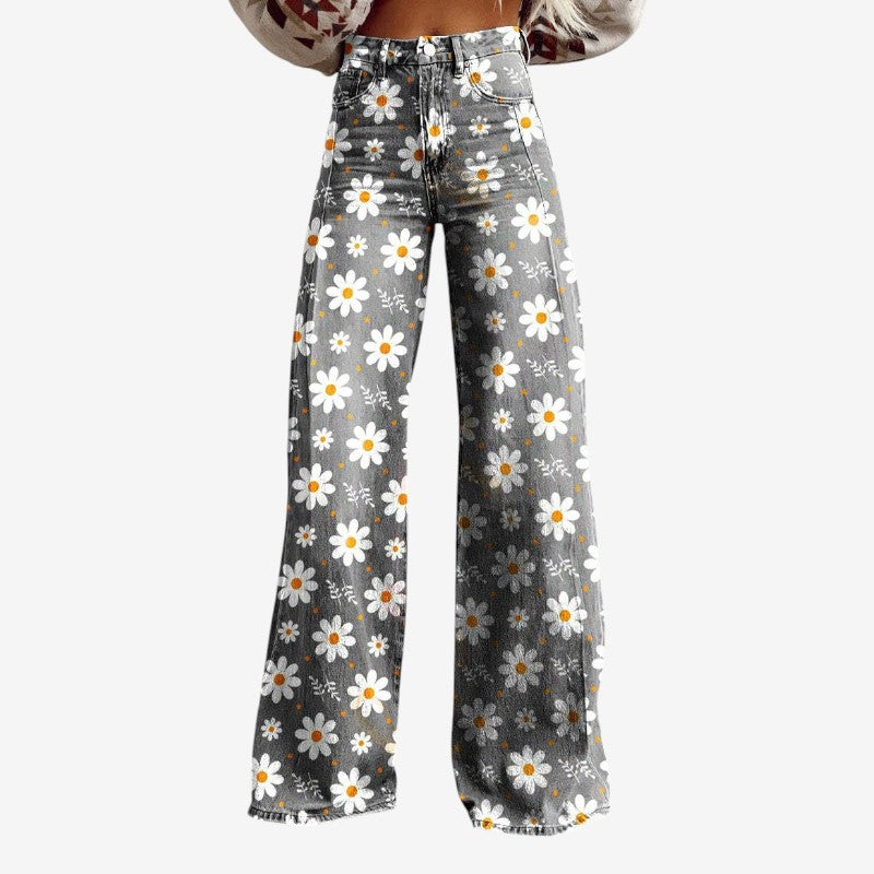 Floral Wide-Leg Denim Pants