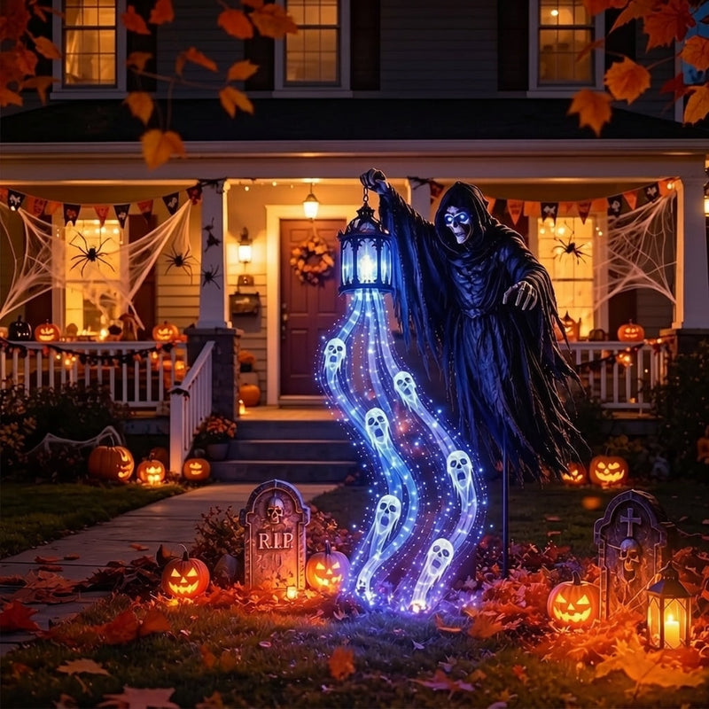 Reapora – Decorazione di Halloween con mietitore illuminato e lanterna LED