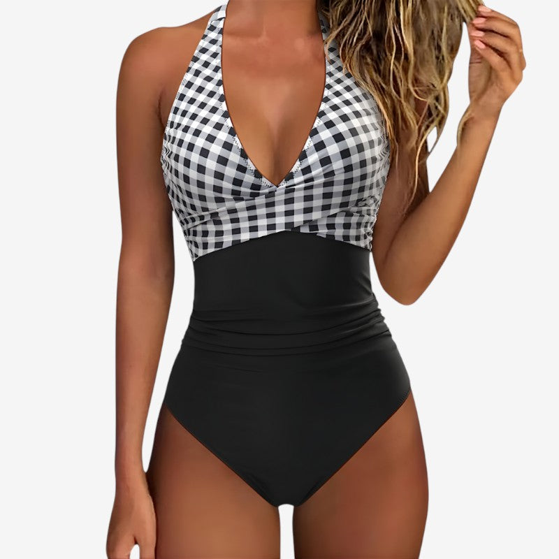 Costume intero da donna con scollo a V e allacciatura al collo