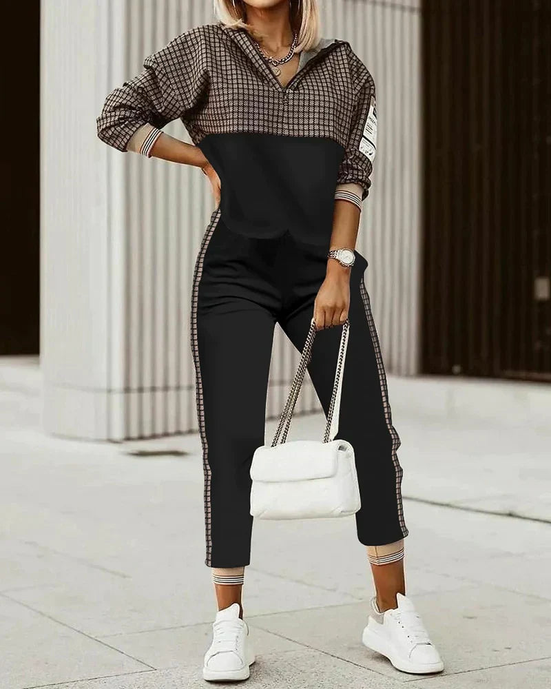 Chloe - Set stilat de hanorac în carouri și pantaloni jogger cu fermoar la gât