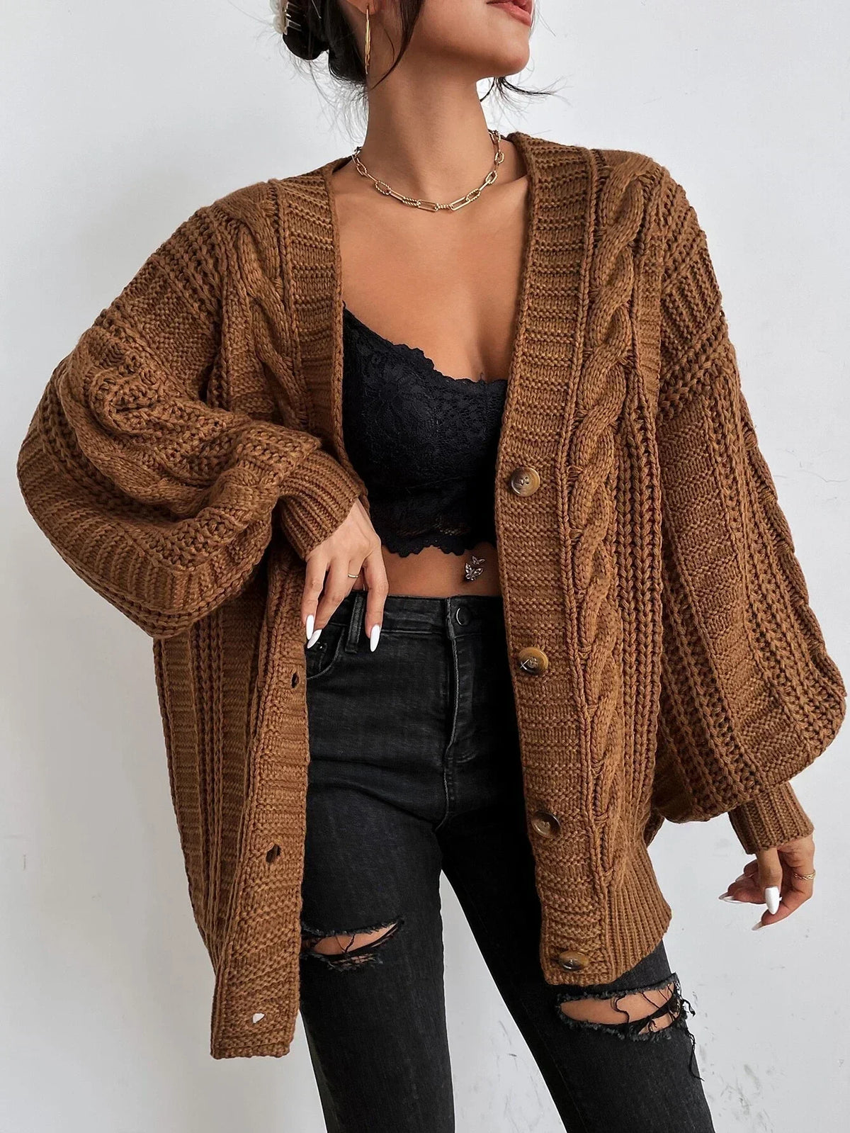 Braidley - V-Neck Cardigan with Braided Pattern