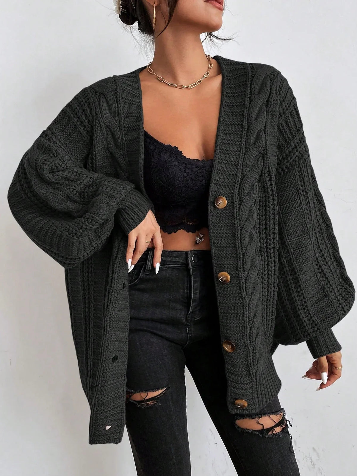 Braidley - V-Neck Cardigan with Braided Pattern