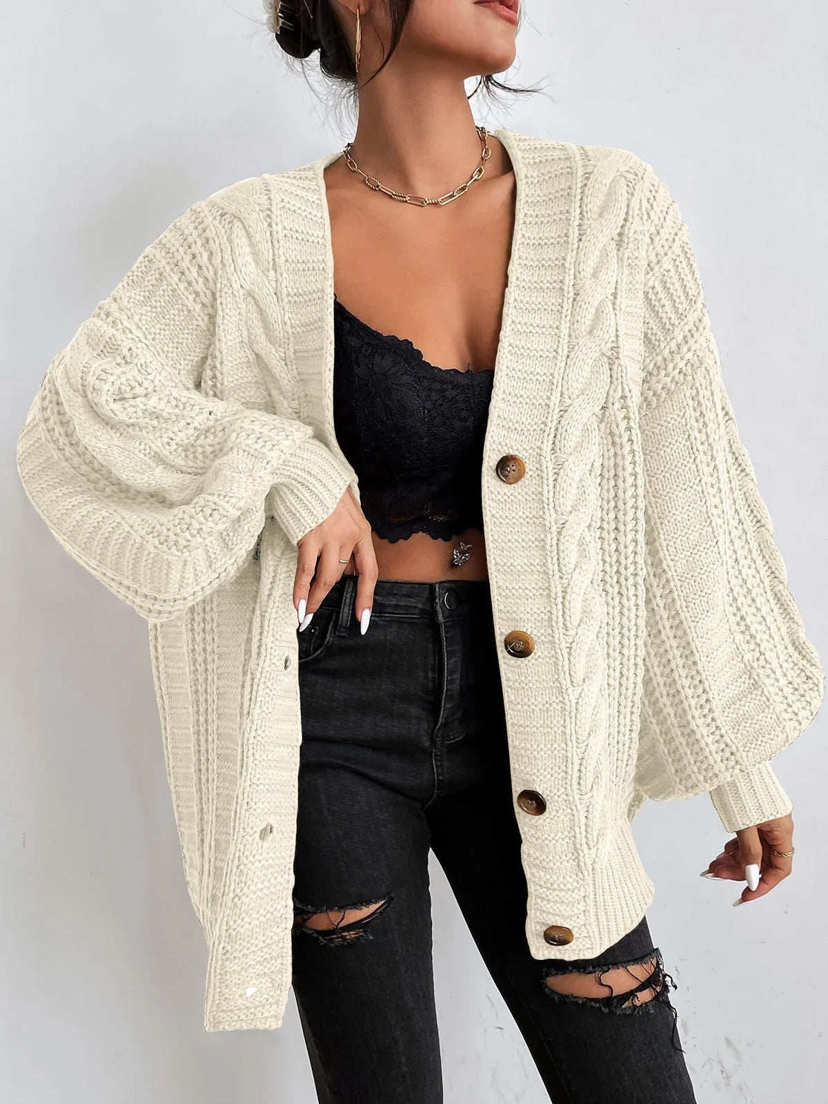 Braidley - V-Neck Cardigan with Braided Pattern