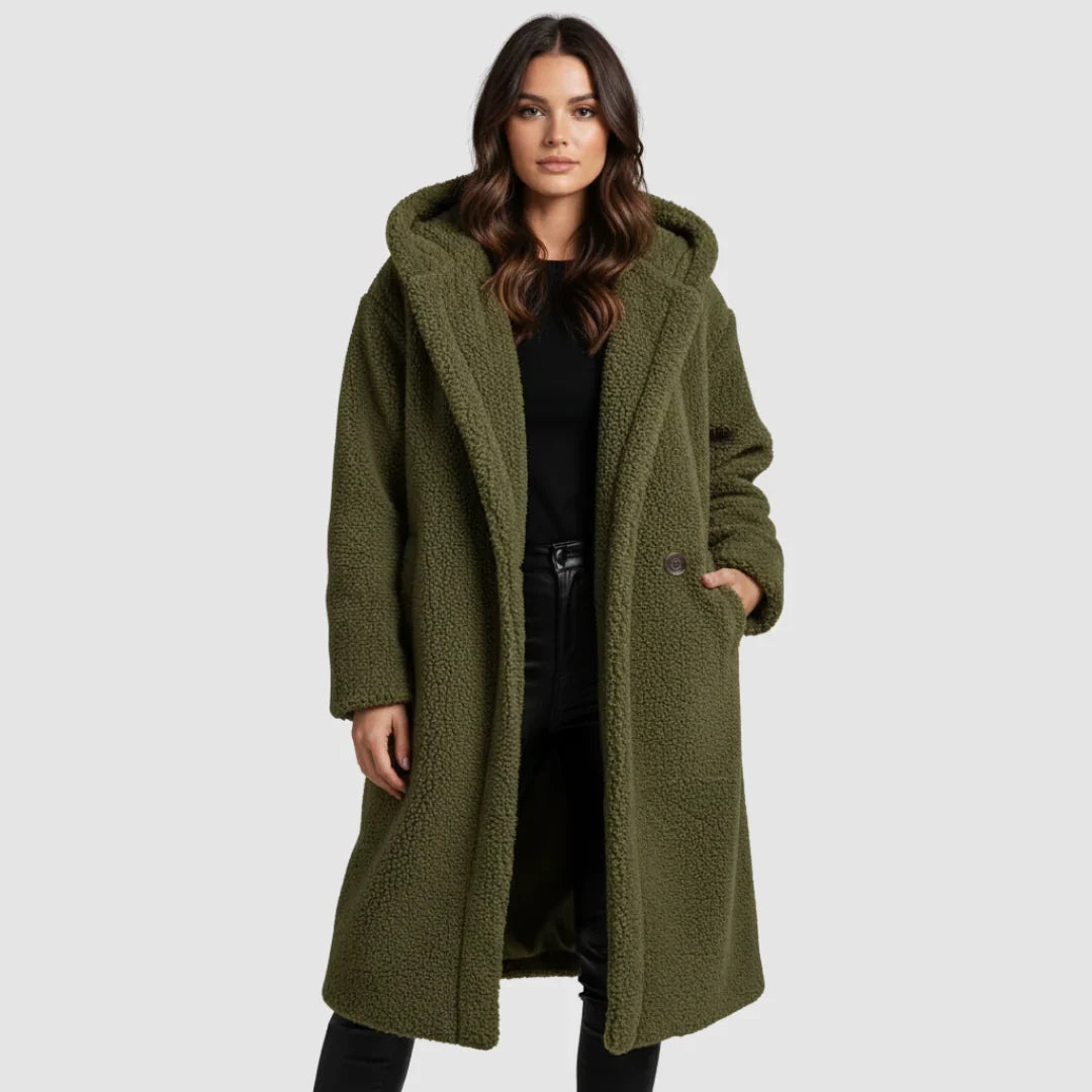 Zoravex – Dlouhý kabát s kapucí a širokými klopami