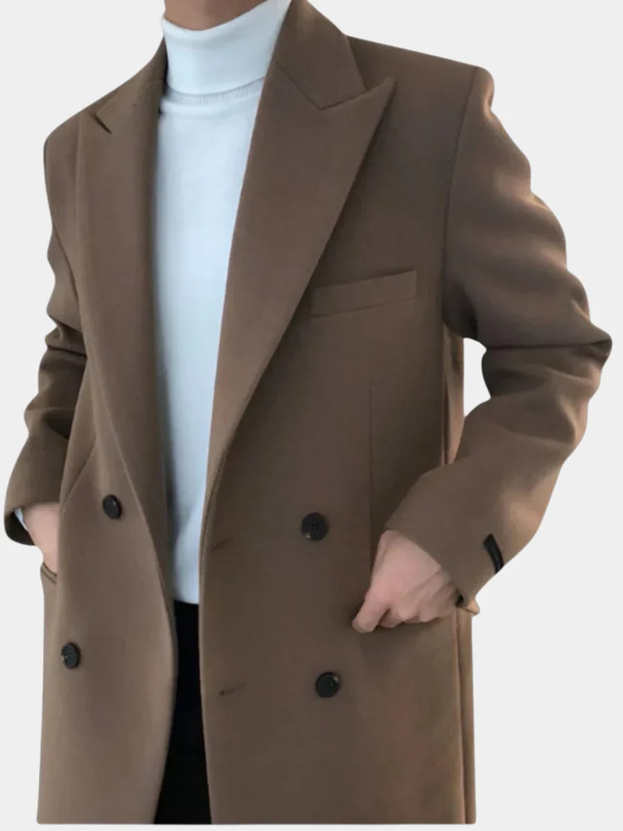 Qavrelyn – Long-Sleeve Double-Breasted Trench Coat with Lapel Collar