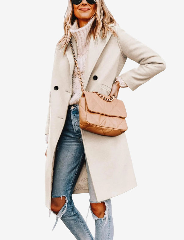 Avelqessa – Long Double-Breasted Coat with Notched Lapels