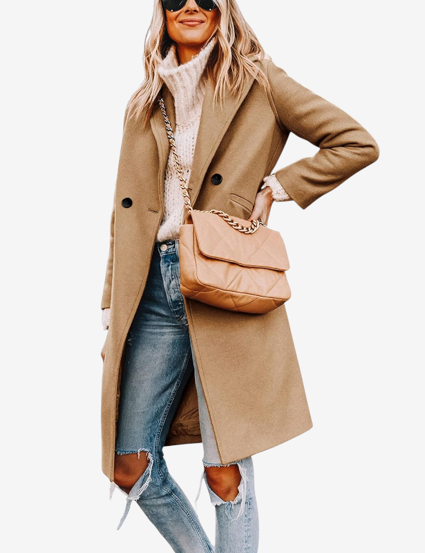 Avelqessa – Long Double-Breasted Coat with Notched Lapels