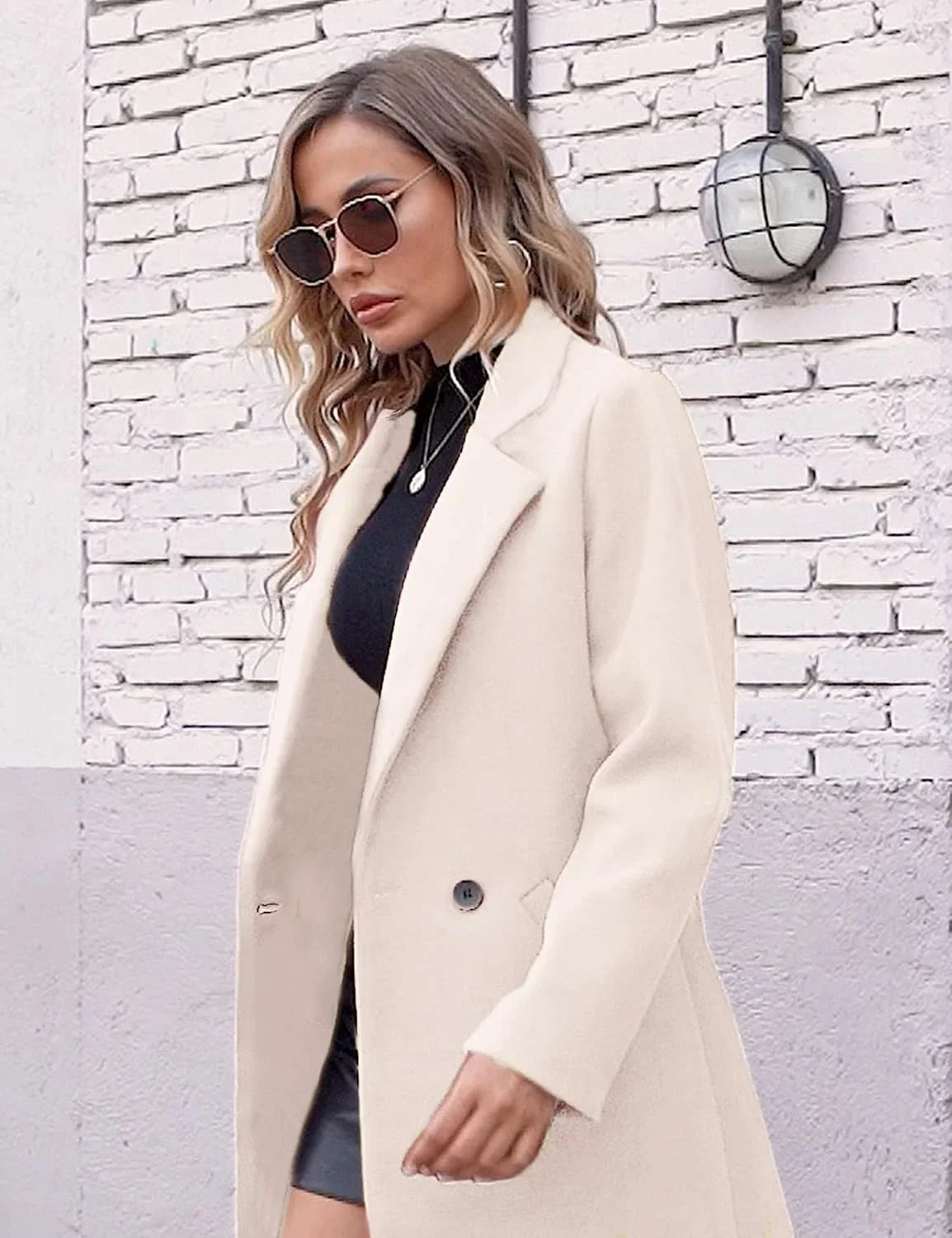 Avelqessa – Long Double-Breasted Coat with Notched Lapels