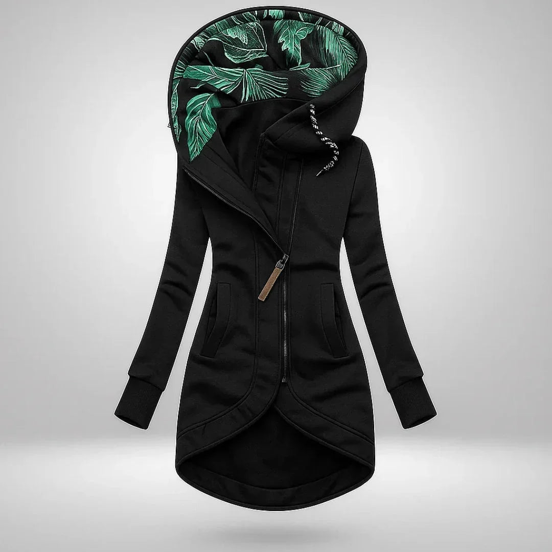 Qelvaris – Hooded Long Coat with Front Zipper