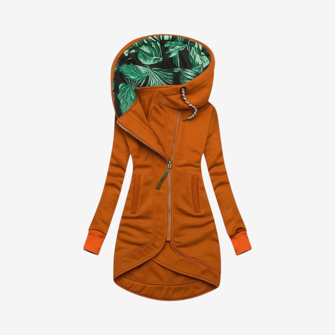 Qelvaris – Hooded Long Coat with Front Zipper