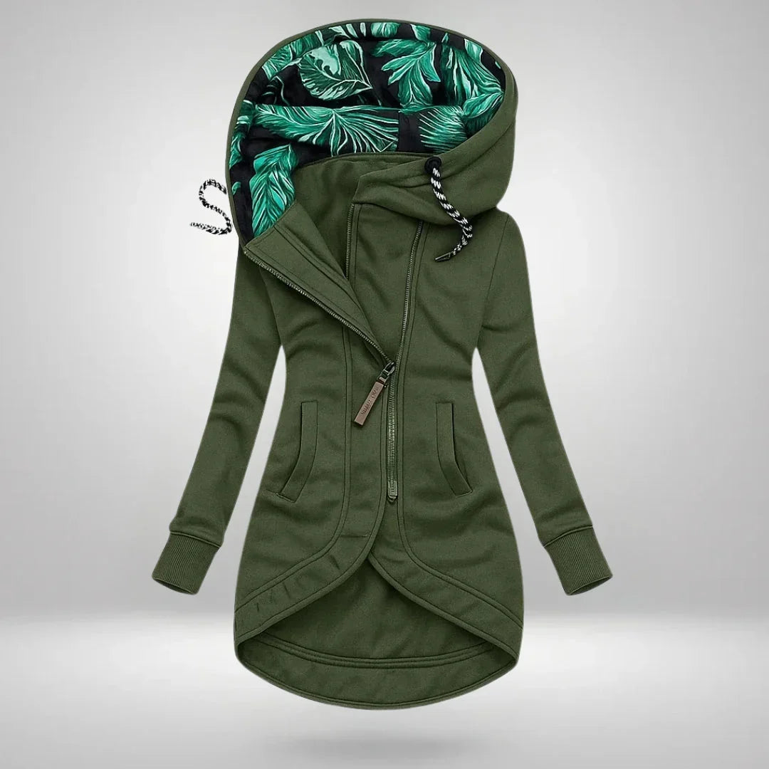 Qelvaris – Hooded Long Coat with Front Zipper