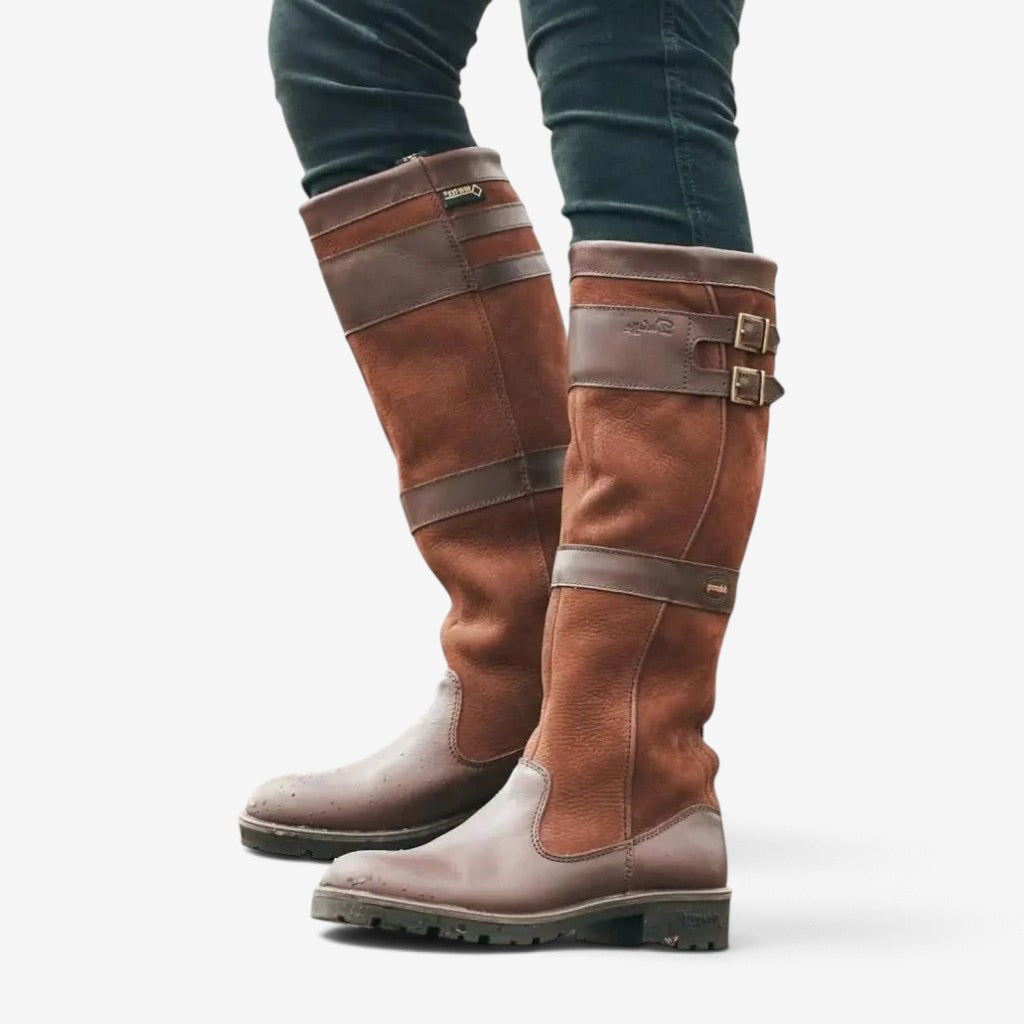 Bootley - Stivali da donna al ginocchio con fibbie e cerniera