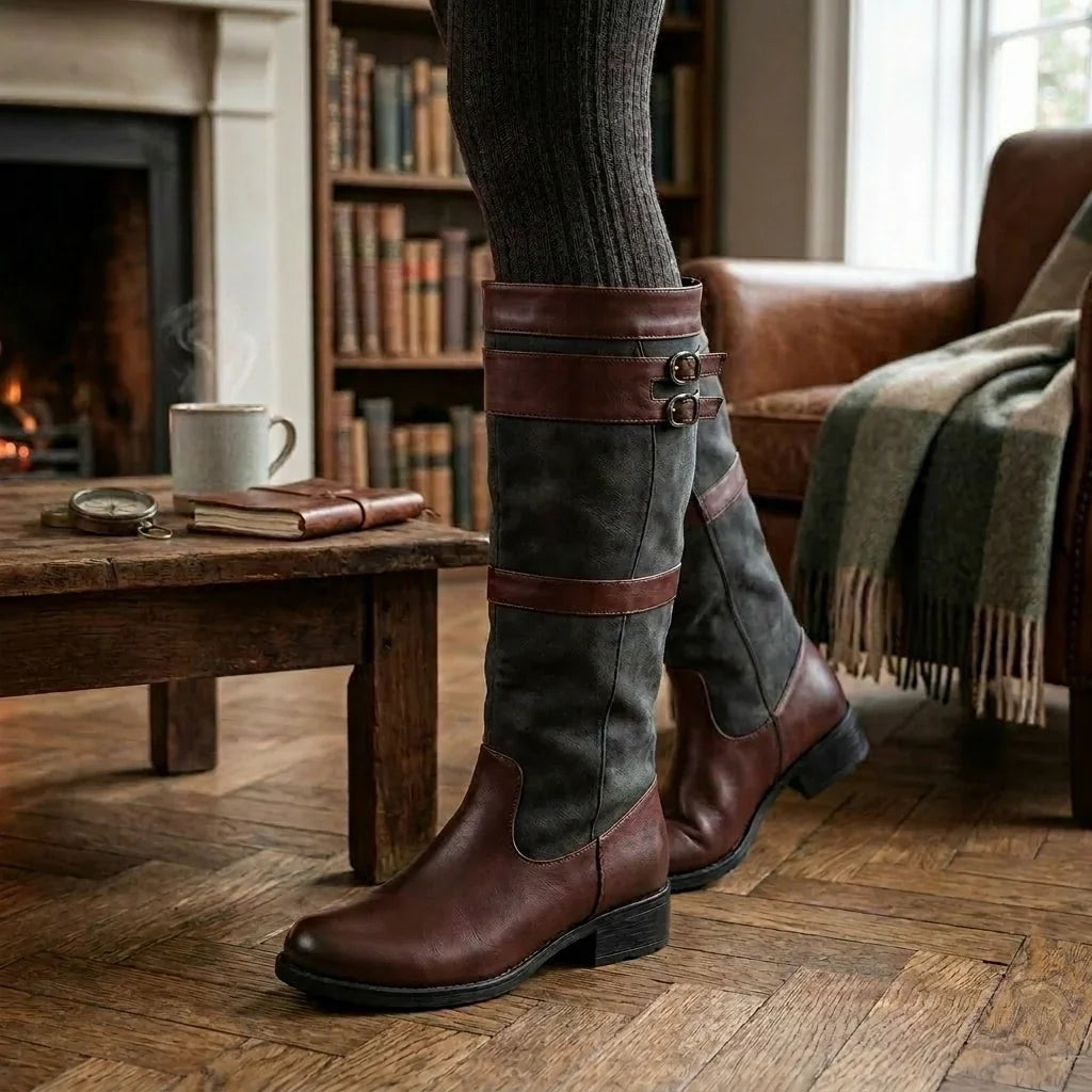 Bootley - Stivali da donna al ginocchio con fibbie e cerniera