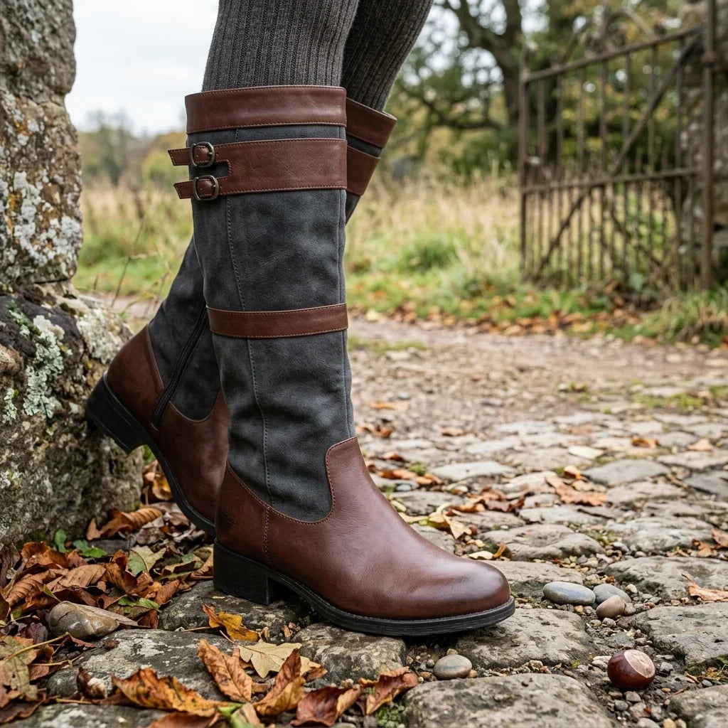 Bootley - Stivali da donna al ginocchio con fibbie e cerniera
